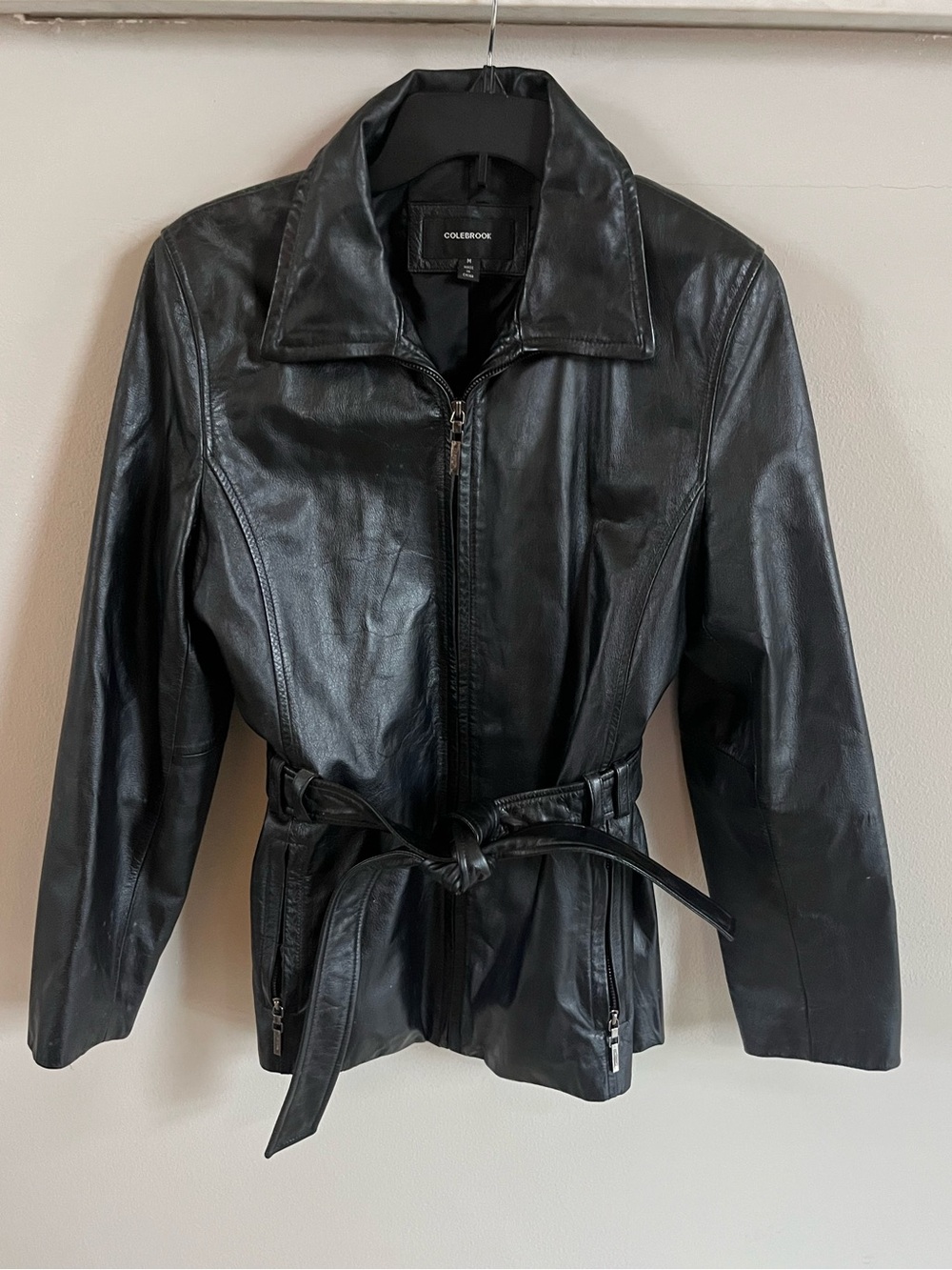 Colebrook & Co. Black Leather Belted Full Zip Mid-Length Women's Jacket Size M
